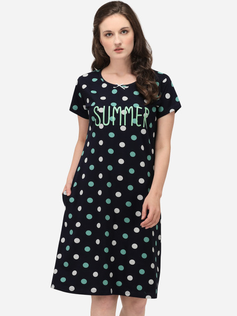 

Lenissa Women Navy Blue & Off-White Printed Cotton Sleepshirt
