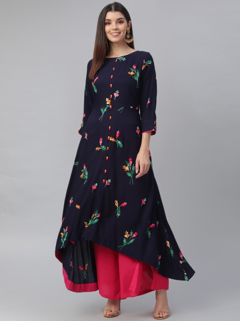 

nesara Women Navy Blue & Red Floral Printed High-Low Kurta