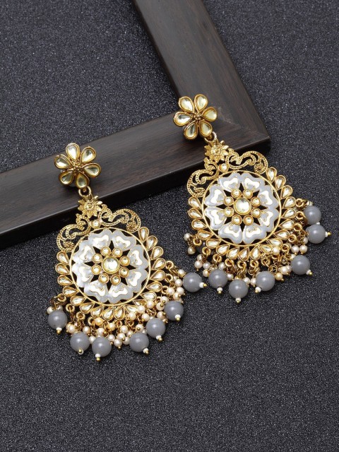 

Ibtida Grey Gold-Plated Stone-Studded & Beaded Enamelled Handcrafted Drop Earrings