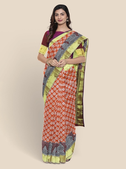 

KLM Fashion Mall Mustard Silk Blend Printed Kanjeevaram Saree