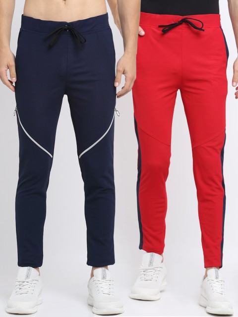

NEUDIS Men Pack of 2 Red & Navy Blue Solid Slim-Fit Track Pants