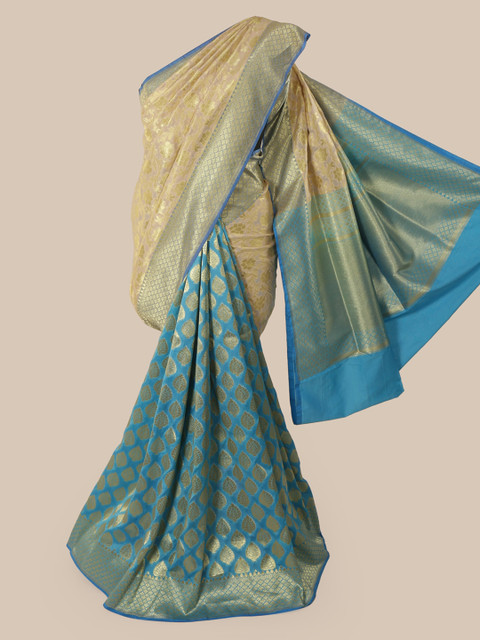 

Pothys Cream-Coloured & Blue Pure Silk Woven Design Banarasi Saree