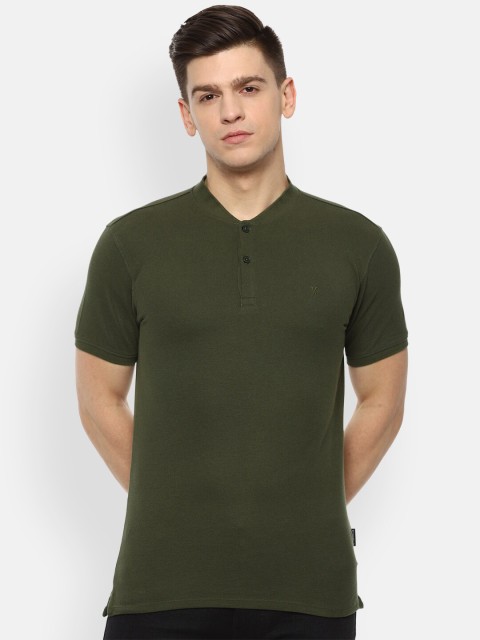 

V Dot Men Olive Green Henley Neck T-shirt