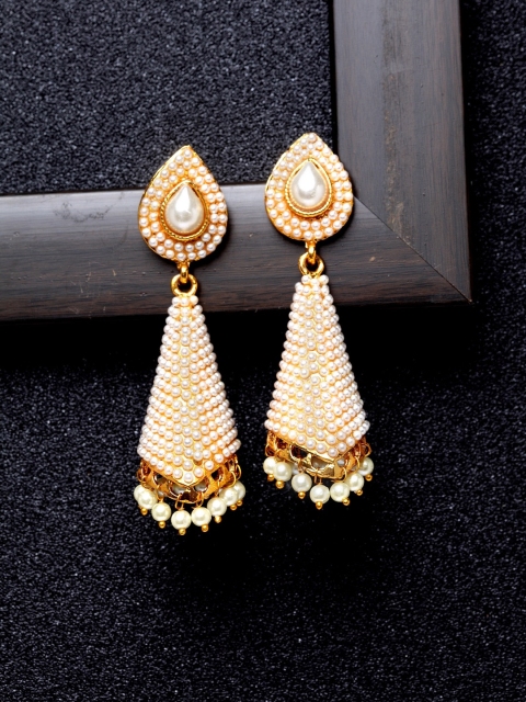 

Ibtida Off-White Gold-Plated Stone Studded & Beaded Handcrafted Drop Earrings