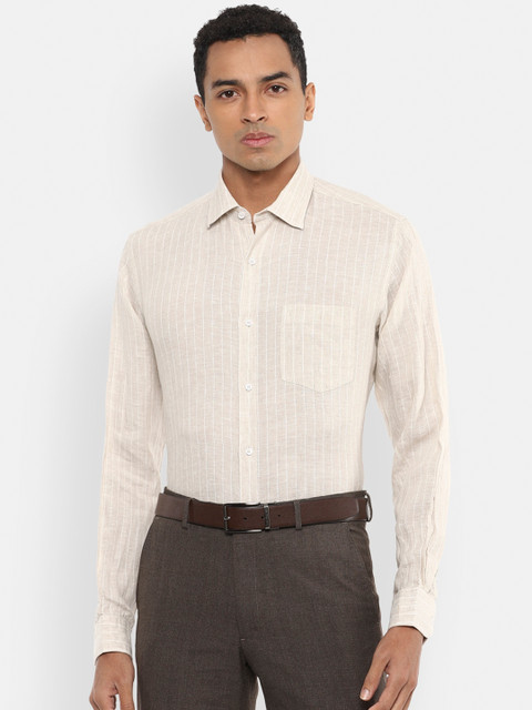

Van Heusen Men Cream-Coloured & White Regular Fit Striped Linen Formal Shirt