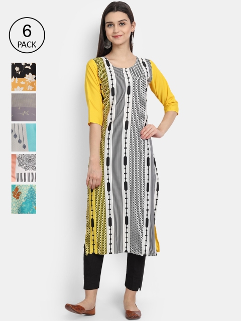 

Ethnic basket Women Pack Of 6 Multicoloured Printed Crepe Kurtas, Multi