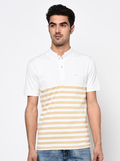 

Octave Men White & Yellow Striped Mandarin Collar Cotton T-shirt