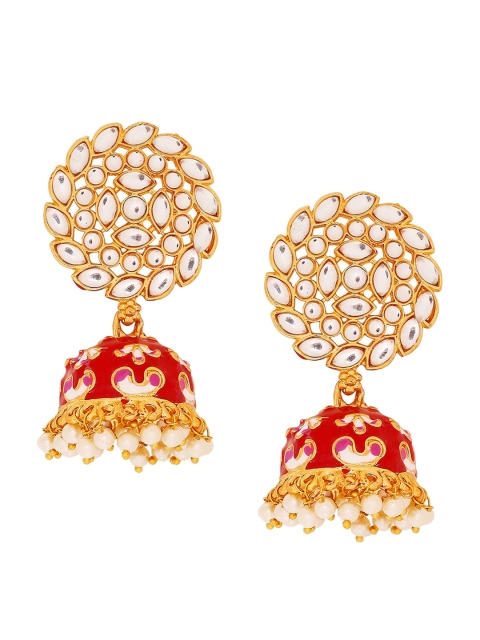 

Mahi Maroon Gold-Plated Kundan Studded & Beaded Meenakari Dome Shaped Jhumkas