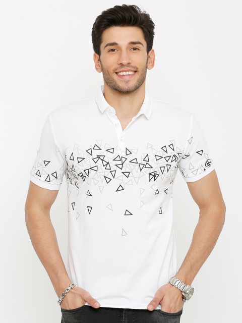 

Rex Straut Jeans Men White Printed Polo Collar Slim Fit Cotton T-shirt