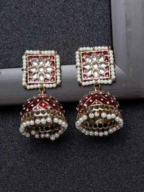 

Ibtida Red Gold-Plated Stone Studded & Beaded Handcrafted Dome Shaped Jhumkas