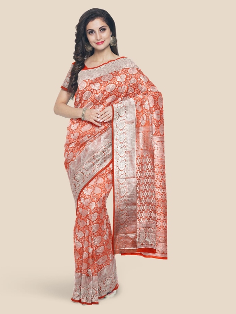 

KLM Fashion Mall Orange & Silver-Coloured Silk Blend Woven Design Kanjeevaram Saree