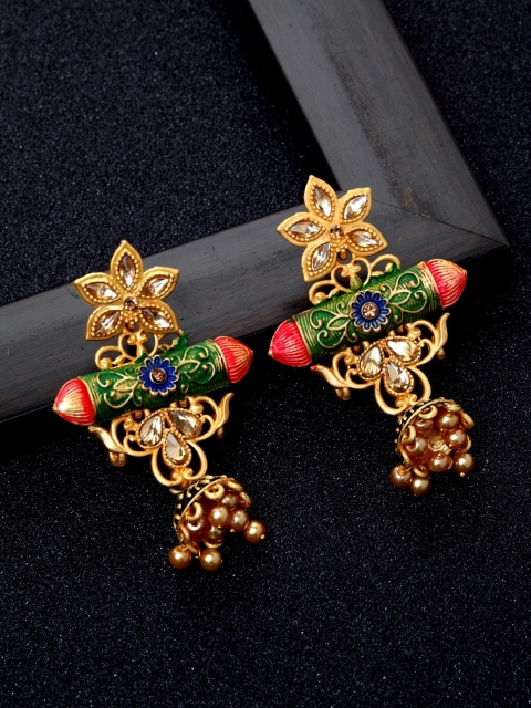 

Ibtida Green & Red Gold-Plated Studded Meenakari Classic Drop Earrings