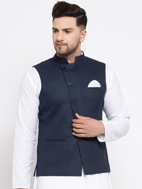 

MAXENCE Men Navy Blue Woven Design Slim-Fit Cotton Nehru Jacket