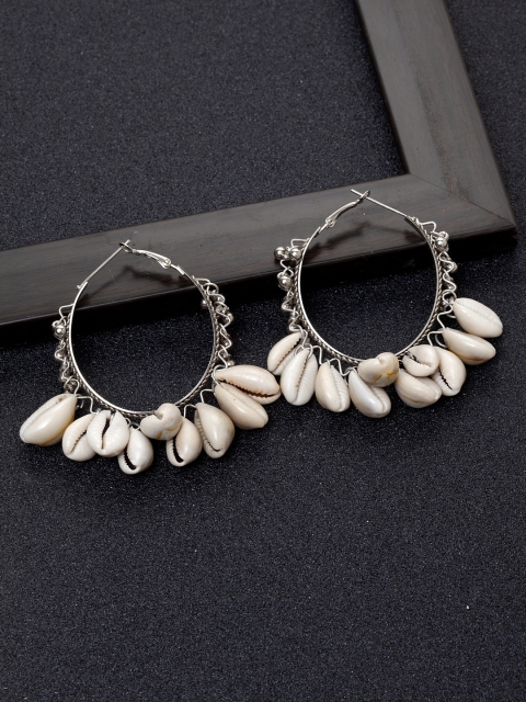 

Ibtida Silver-Toned & White Rhodium-Plated Sea Shell Circular Hoop Earrings