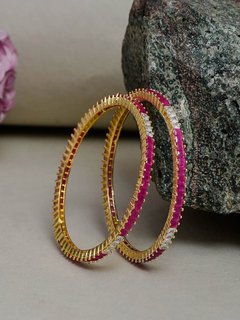 

Silvermerc Designs Set of 2 Gold-Plated Pink Faux Ruby AD-Studded Handcrafted Bangles