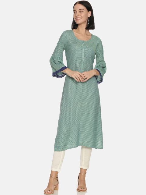 

Saffron Threads Women Green Flared Sleeves Thread Work Dobby Kurta