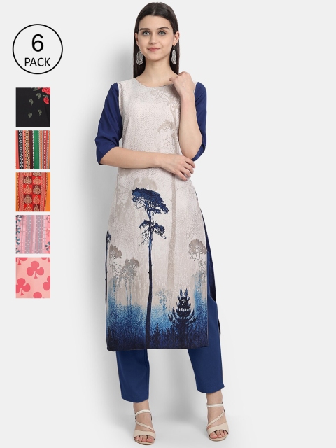 

Ethnic basket Women Set of 6 Multicoloured Ethnic Motifs Printed Crepe Kurta, Multi
