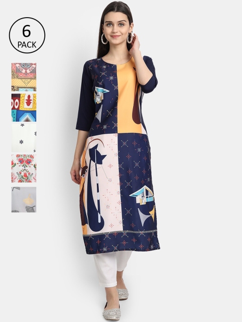 Ethnic basket Women Pack of 6 Multicoloured Ethnic Motifs Printed Kurtas, Multi