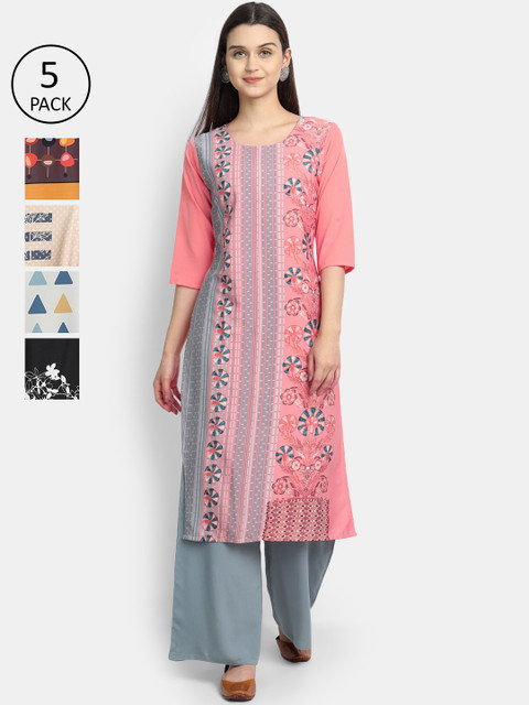 

Ethnic basket Women Pack Of 5 Ethnic Motifs Printed Crepe Kurta, Multi
