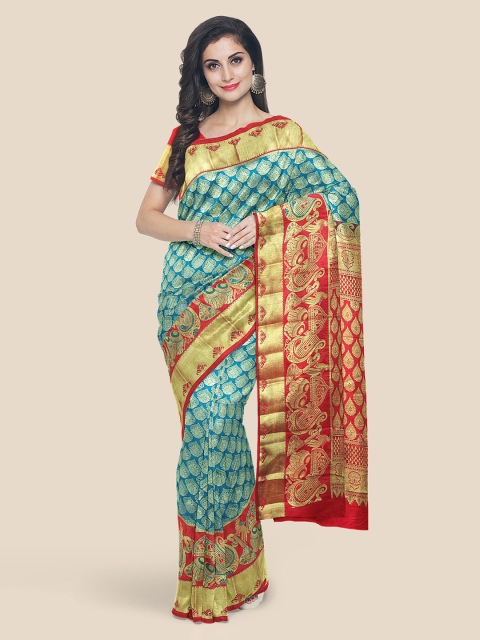 

KLM Fashion Mall Green & Orange Silk Blend Woven Design Kanjeevaram Saree