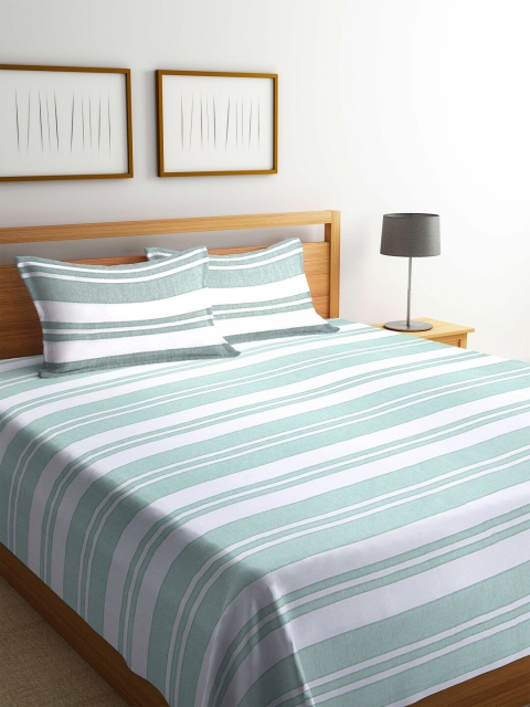 

KLOTTHE Green & White Striped Double King Bed Cover With 2 Pillow Covers
