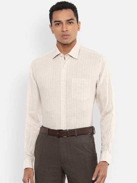 

Van Heusen Men Cream-Coloured & White Regular Fit Striped Linen Formal Shirt