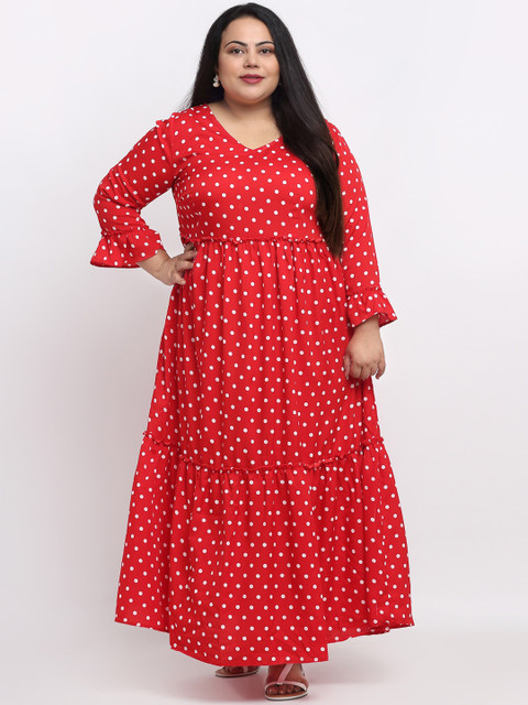 

sindrellastorie Women Plus Size Red & White Polka Dot Print Tiered Maxi Dress