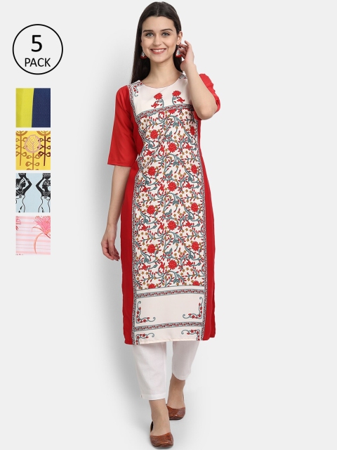

Ethnic basket Women Pack of 5 Ethnic Motifs Printed Crepe Kurta, Red