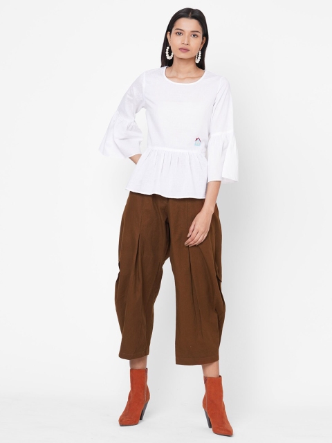 

ZOLA Women White & Brown Pure CottonSolid Top with Trousers