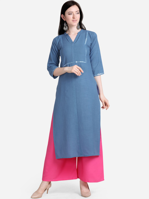 

Florence Women Blue & Pink Regular Straight Mirror Work Kurta with Palazzos