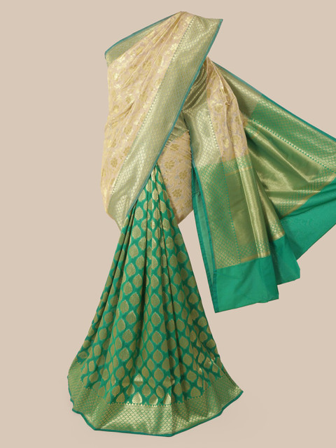 

Pothys Cream-Coloured & Green Pure Silk Woven Design Banarasi Saree