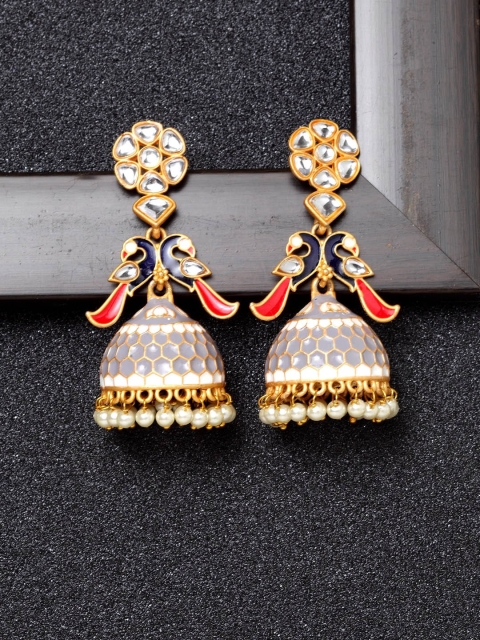 

Ibtida Grey & White Gold-Plated Stone Studded & Beaded Dome Shaped Enamelled Jhumkas