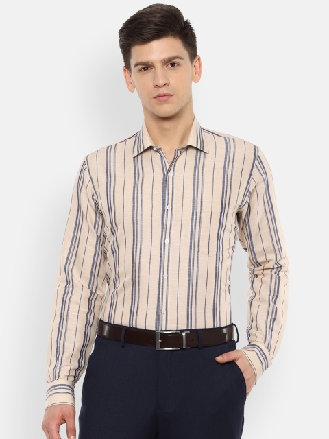 

Van Heusen Men Beige & Navy Blue Regular Fit Striped Cotton Linen Formal Shirt