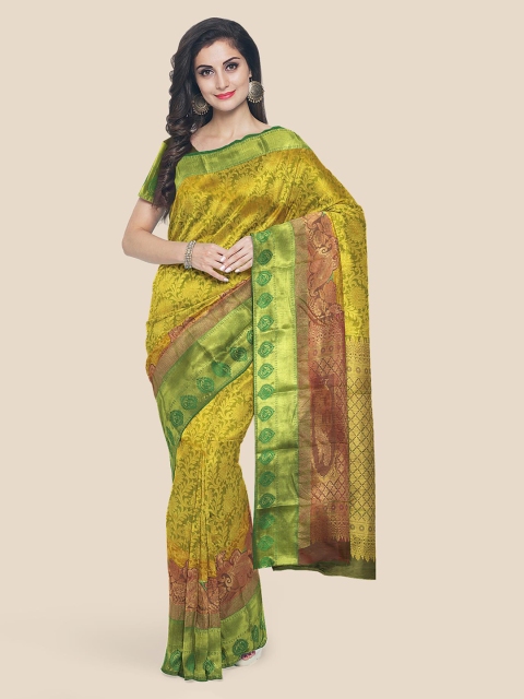 

KLM Fashion Mall Gold-Toned & Green Silk Blend Woven Design Kanjeevaram Saree