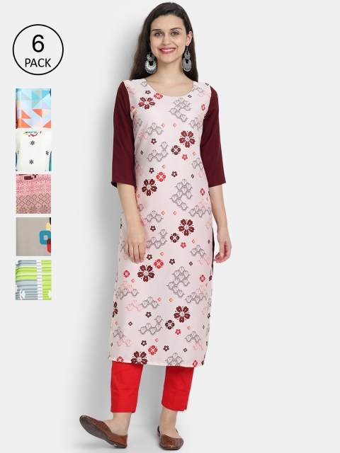 

Ethnic basket Women Pack Of 6 Multicoloured Floral Printed Crepe Kurtas, Multi