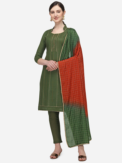 

Ethnic Junction Olive Green & Red Cotton Blend Unstitched Dress Material