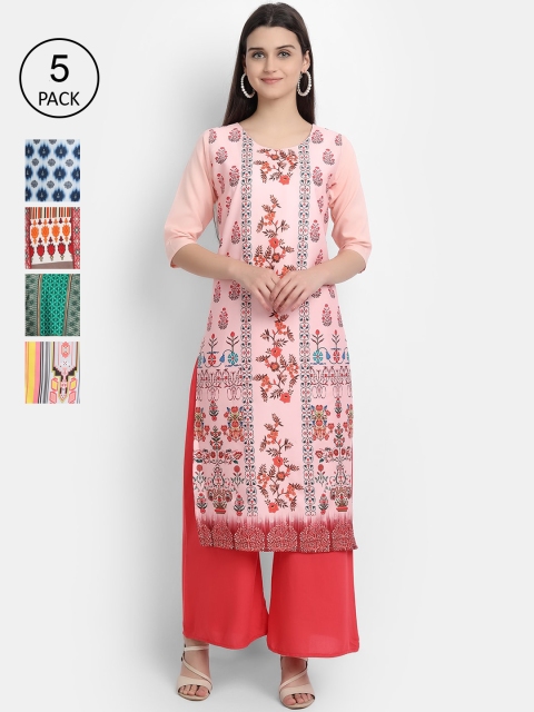 

Ethnic basket Women Pack Of 5 Ethnic Motifs Printed Crepe Kurtas, Multi