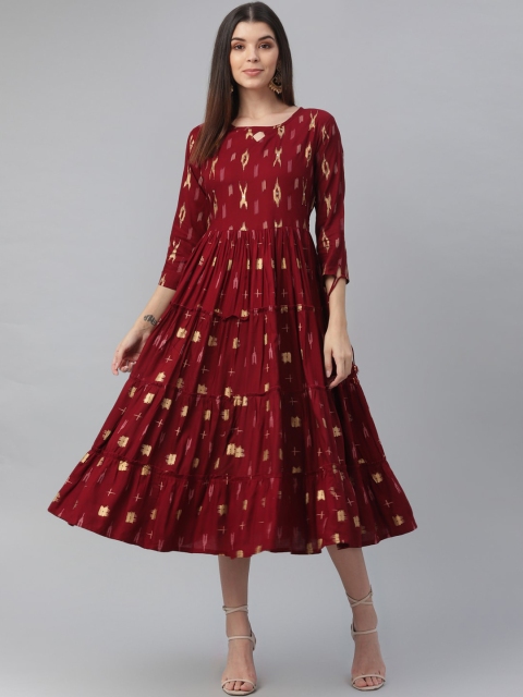 

nesara Women Maroon & Yellow Tiered Fit and Flared Midi Dress