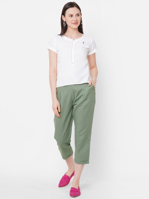 

ZOLA Women White & Green Solid Cotton T-shirt with Trousers