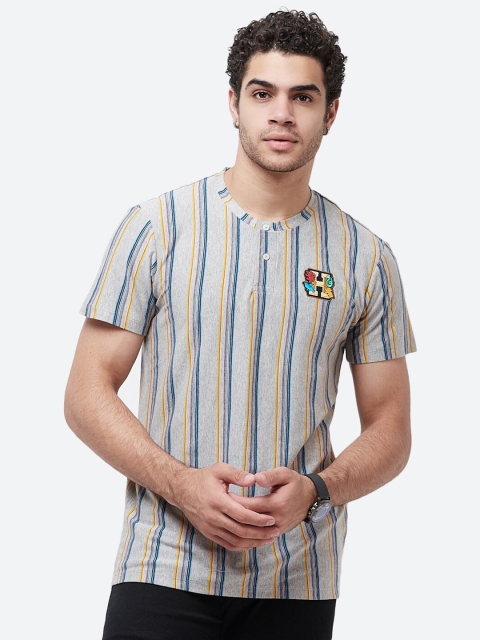 

Free Authority Men Grey & Blue 1 Striped Mandarin Collar T-shirt with Applique