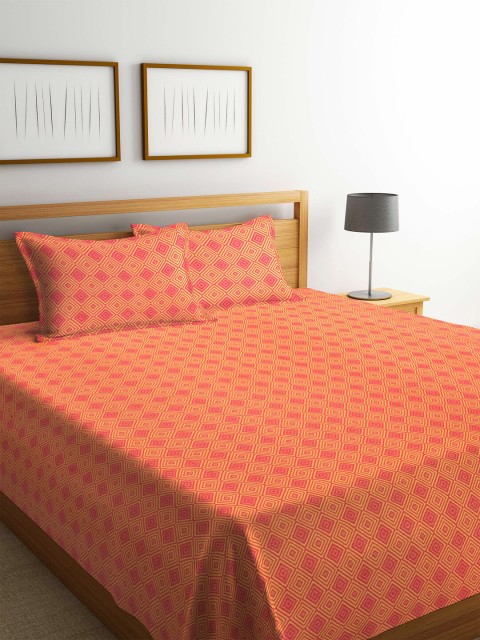 

KLOTTHE Orange & Red Woven Design Cotton 1 Double King Bedcover With 2 Pillow Covers