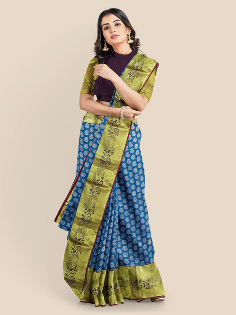 

Kalamandir Blue Silk Blend Woven Design Kanjeevaram Saree