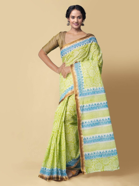 

Unnati Silks Green Pure Cotton Printed Handloom Block Print Sustainable Saree