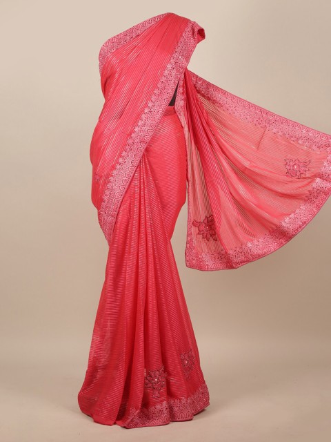 

Pothys Pink Striped Poly Chiffon Saree