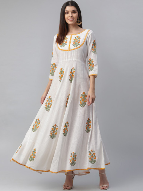 

nesara Women Off White & Orange Handblock Printed Round Neck Maxi Dress