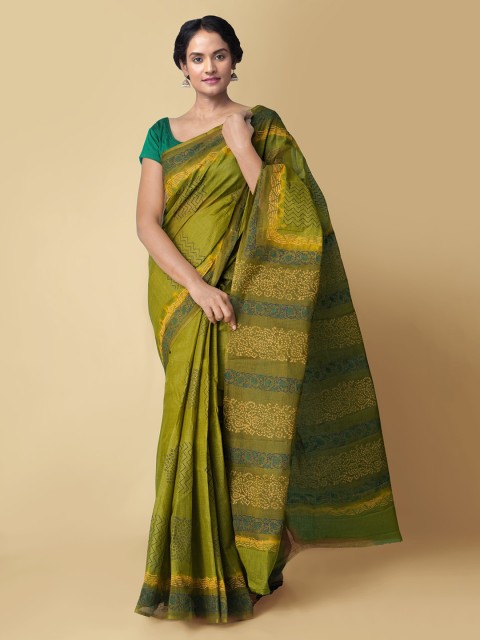 

Unnati Silks Green & Yellow Pure Cotton Hand Block Printed Handloom Kota Saree
