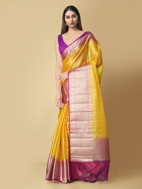 

Unnati Silks Yellow & Purple Silk Cotton Woven Design Handloom Banarasi Saree