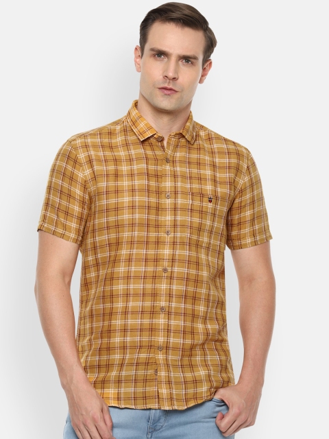 

Louis Philippe Jeans Men Mustard Yellow & Maroon Slim Fit Checked Casual Shirt