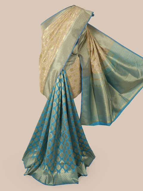 

Pothys Cream-Coloured & Blue Pure Silk Woven Design Banarasi Saree