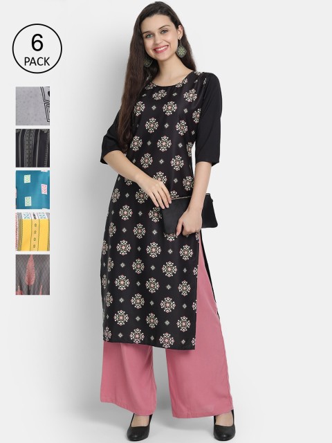 

Ethnic basket Women Pack Of 6 Multicoloured Ethnic Motifs Printed Crepe Kurtas, Multi
